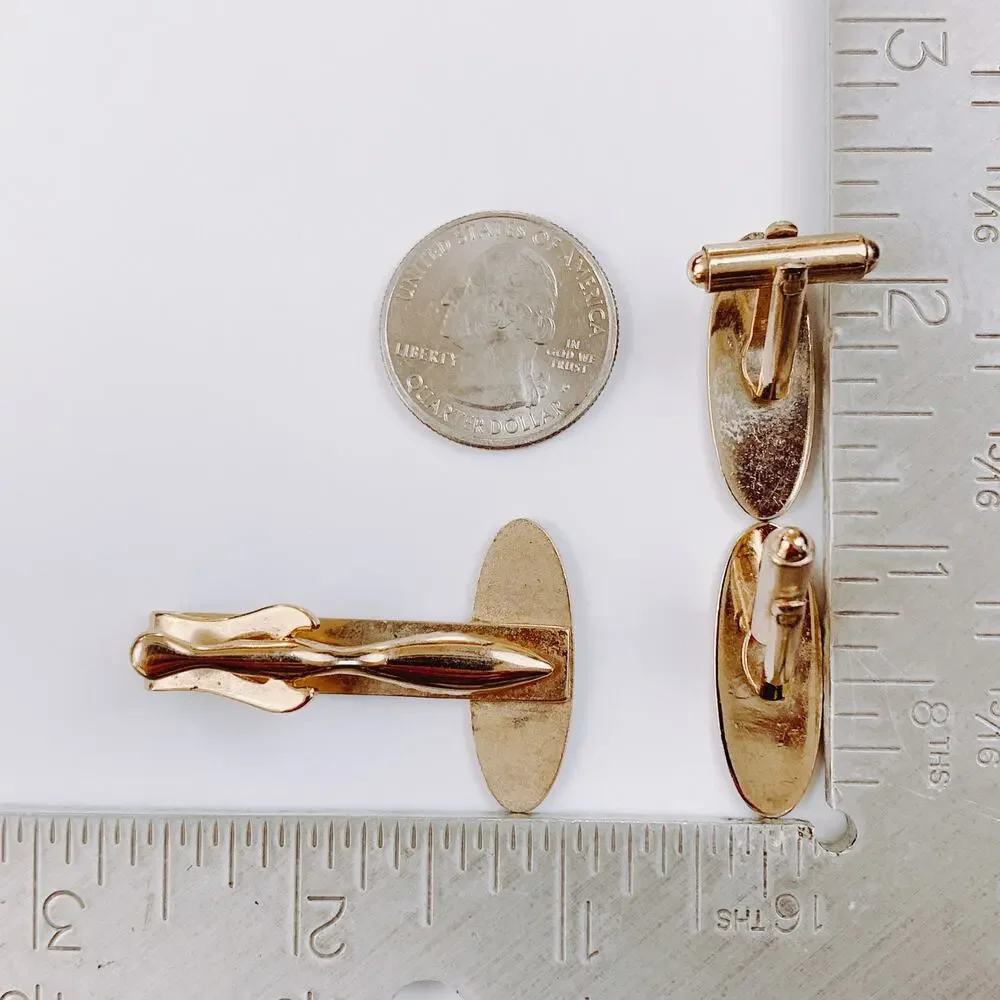 VTG Mid Century Black Cufflinks Tie Bar Chain 3-Piece Set Skyscraper Gold Tone